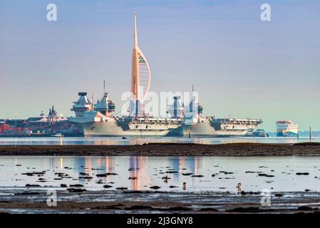 The Royal Navy aircraft carriers, HMS Queen Elizabeth and HMS Prince of Wales alongside the naval base in Portsmouth Harbour - January 2020. Stock Photo