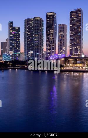 United States, Florida, Miami, view of the city of Miami at dusk, Downtown district Stock Photo