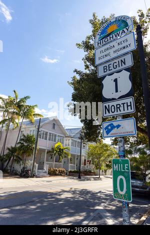 United States, Florida, Key West, The Keys, sign materializing the myth of US 1, its start and end, kilometer zero which has become a tourist district of Key West Stock Photo