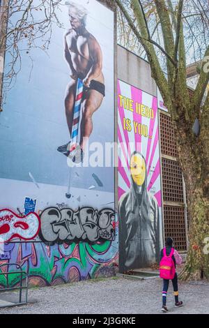 France, Isere, Grenoble, frescoes Our time in the universe by Italian artist Beast caricaturing President Trump (Street Art Fest Grenoble Alpes 2019) and The Hero is You by German artist Lapiz (Street Art Fest Grenoble Alpes 2018) Stock Photo