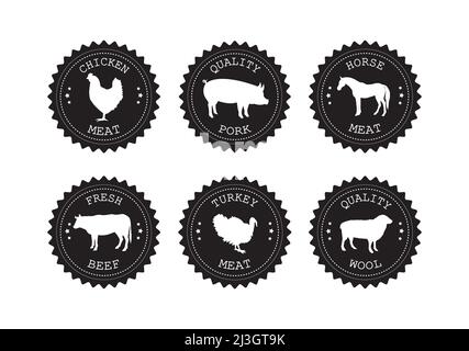 Vector flat black set bundle of retro round logo with domestic animals isolated on white background Stock Vector