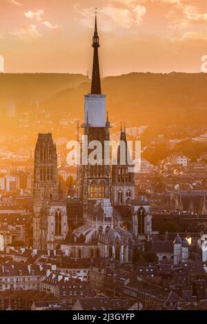 France, Seine-Maritime (76), Rouen, panorama of the Côte Sainte-Catherine, complete view of the Cathedral Notre-Dame de Rouen, in the setting sun Stock Photo