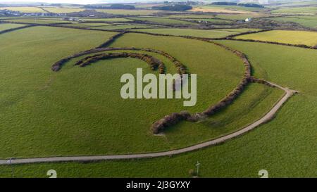 Aerial view of Keeston Castle, Partial contour fort, Pembrokeshire, Wales Stock Photo