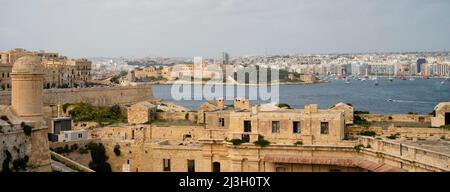 Malta, Valletta, city listed by UNESCO as Worlheritage, St Elmo fort walls and view over the bay Stock Photo