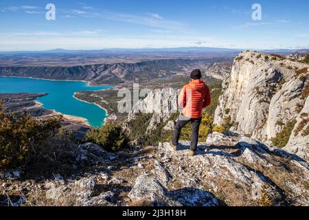 France, Alpes-de-Haute-Provence, Verdon regional nature park, panoramic view of the lake of Sainte-Croix from the Crête de l'Issioule, in the background the plateau of Valensole Stock Photo