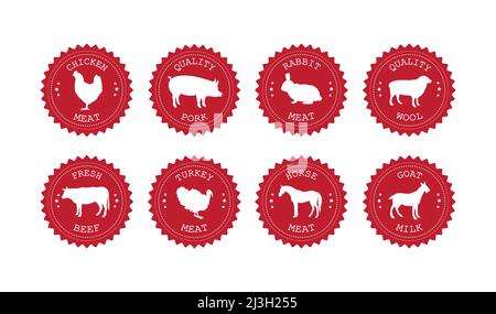 Vector flat red set bundle of retro round logo with domestic animals isolated on white background Stock Vector