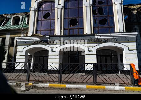 IRPIN, UKRAINE - APRIL 7, 2022 - The building of the University of State Fiscal Service shows damage after the liberation of the city from Russian inv Stock Photo