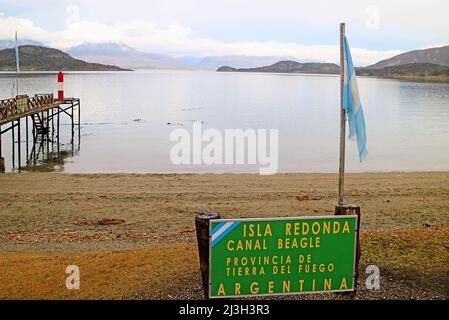 Signpost of Isla Redonda Island in the Beagle Channel, Tierra del Fuego National Park, Patagonia, Argentina Stock Photo
