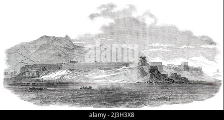 General View of the Great Wall of China, from the Sea, 1850. 'This stupendous work of human labour has its eastern termination on the shore of the Gulf of Leotong, about 120 miles north of the Peiho...Viewed from the water, the terminus appears to consist of a fortress some 300 yards in length, having a large gateway in the southern face, close outside of which, and between it and the sea, is a permanent joss-house, or temple, while the northern end is surmounted by a modern two-storied guardhouse; immediately beneath, the Wall projects seaward...[we] were civilly received by a white-buttoned Stock Photo