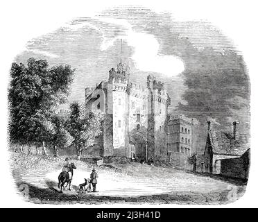 Lancaster Castle, 1850. Medieval castle in Lancaster, Lancashire. 'The Castle is supposed to have been erected in the year 305, by Constantius Chlorus, who, on the division of the Roman empire, in 304, was appointed to govern the western part of it...The town is supposed to have been dismantled by the Picts after the departure of the Romans, but restored by the Anglo-Saxons of Northumbria, under whom it first gave name to the shire...Lancaster stands on the slope of an eminence, the summit of which is crowned by the towers of the Castle; it is spacious, and comprehends a large courtyard, some Stock Photo