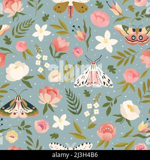 Colorful seamless pattern with insects and flowers. Butterfly design. Stock Vector