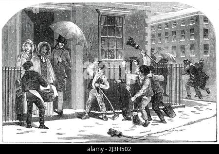 Snow-Sweepers - drawn by Foster, 1850. Illustration to a story by Thomas Miller. '&quot;Clear your snow away, marm? do it for a penny,&quot; is another cry which assails our ears; and looking out of the window, we see two little urchins with their shoulders up, and one bearing a broom worn to the stump, the other a broken shovel, and both ready to go to work at a moment's notice for the smallest consideration...the crossing-sweeper runs on before you with his broom, gives half-a-dozen strokes, then takes off his hat...and looks as if he would have you believe that he had given the road an extr Stock Photo