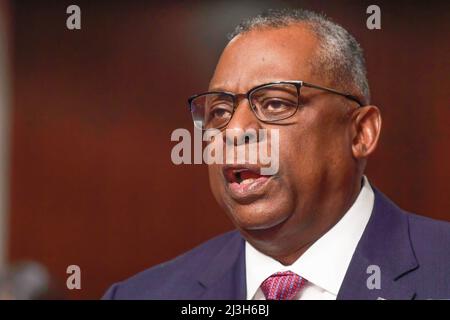 Washington, United States. 07th Apr, 2022. US Secretary of Defense, Lloyd J. Austin testifies before Armed Services Committee about Defense Authorization Budget Request for Fiscal Year 2023 during a hearing at Dirksen Senate/Capitol Hill in Washington. Credit: SOPA Images Limited/Alamy Live News Stock Photo