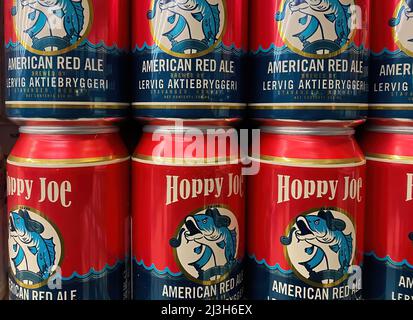 Viersen, Germany - April 5. 2022: Closeup of cans lervig american amber style red ale beer in shelf of german supermarket Stock Photo