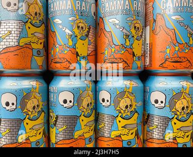 Viersen, Germany - April 5. 2022: Closeup of fancy cans gamma ray pale ale beer in shelf of german supermarket Stock Photo