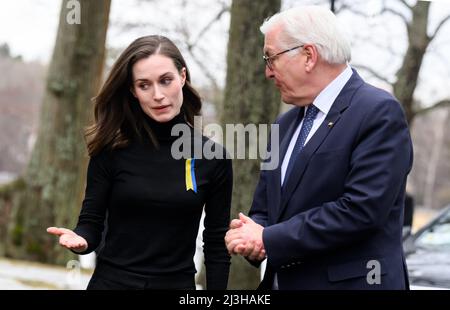 Helsinki, Finland. 08th Apr, 2022. German President Frank-Walter Steinmeier and Finnish Prime Minister Sanna Marin met at the head of government's residence in Helsinki to discuss the effects of the Russian invasion of Ukraine on neighboring European countries. Credit: Bernd von Jutrczenka/dpa/Alamy Live News Stock Photo