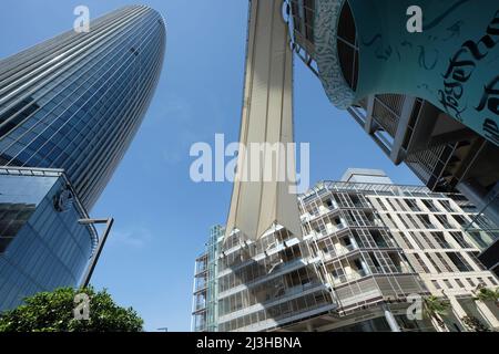 Low angle view of the Abdali Shopping Mall. A modern shopping mall next to Damac Tower building condominium complex. Amman, Jordan Stock Photo