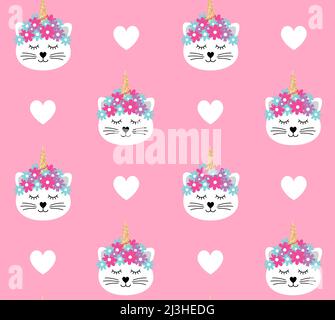 Vector seamless pattern of flat cartoon white unicorn cat face and hearts isolated on pink background Stock Vector