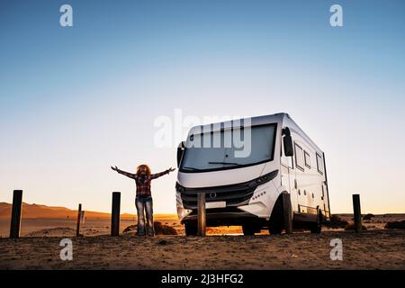 Camper, Camper, Park, Offroad, Desert, Woman, Happy, gesture Stock Photo