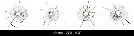 Bullet hole with cracks in the glass. High quality texture. Close-up. Stock Photo