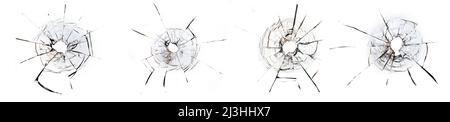 Bullet hole with cracks in the glass. High quality texture. Close-up. Stock Photo