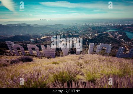 Backstage At The Hollywood Sign overlooking Los Angeles. The iconic ...
