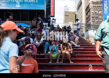 Theater District, New York City, NY, USA, Hiding the crowd at times square Stock Photo