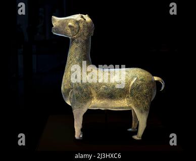 Hispano-Islamic fountan jet in the form of a Doe, engraved and guilded bronze, 10th century AD, from Cordoba.   In the National Archaeological Musem, Stock Photo