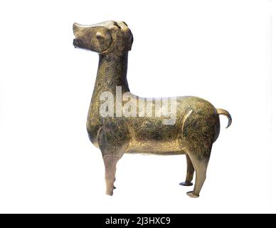 Hispano-Islamic fountan jet in the form of a Doe, engraved and guilded bronze, 10th century AD, from Cordoba.   In the National Archaeological Musem, Stock Photo