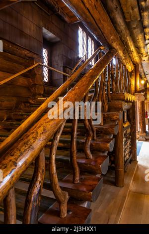 Interior rustic branch details of Old Faithful Inn in Yellowstone National Park, Wyoming, USA Stock Photo