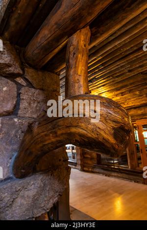 Interior rustic branch details of Old Faithful Inn in Yellowstone National Park, Wyoming, USA Stock Photo