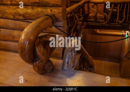 Interior rustic branch details of Old Faithful Inn in Yellowstone National Park, Wyoming, USA Stock Photo