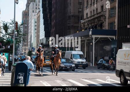 5 AVE/E 55 ST, New York City, NY, USA, NYPD Mounted Unit with two patrol officers and horses on Duty on Fifth Avenue Stock Photo