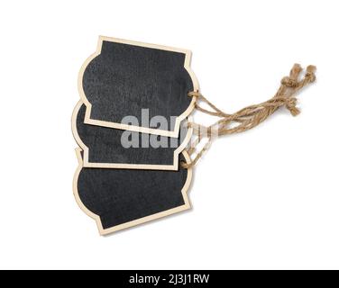 rectangular empty chalk plate on a brown rope. White isolated background Stock Photo
