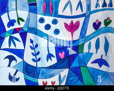 Watercolor by Heidrun Füssenhäuser flower garden with paths and beds in different shades of blue Stock Photo