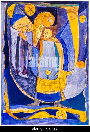 Painting by Pia Bühler, etching, acrylic Angels of peace in blue and yellow Coordinators, arbitrators, opinion leaders and mediators are the 'angels of peace' in society and in the world of work Stock Photo
