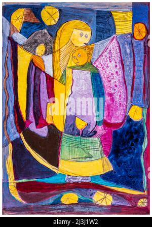 Painting by Pia Bühler, etching, acrylic Angels of peace in blue, purple and yellow Coordinators, arbitrators, opinion leaders and mediators are the 'angels of peace' in society and in the world of work Stock Photo