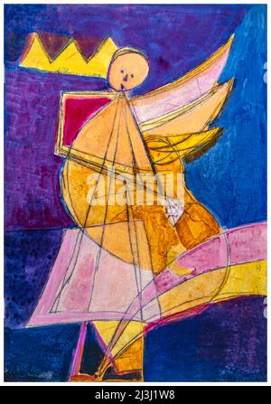 Painting by Pia Bühler, etching, acrylic Music-making angel, blue, ocher, violet Stock Photo