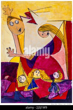 Painting by Pia Bühler, etching, acrylic father and mother or grandma and mom spend carefree time with children Stock Photo