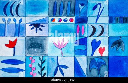 Watercolor by Heidrun Füssenhäuser flower garden with paths and beds in different shades of blue Stock Photo