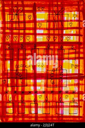 Watercolor by Heidrun Füssenhäuser Four gift packages and many burning candles and small hearts on a red and yellow pattern, checkered, abstract Stock Photo