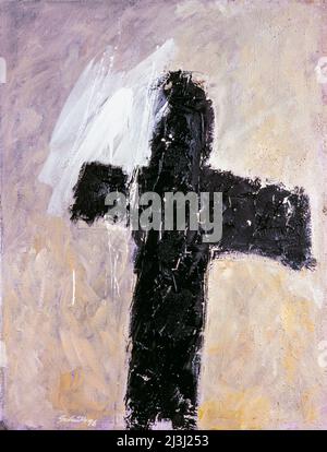 Painting by Peter Schütte, Black cross on violet translucent light background Stock Photo