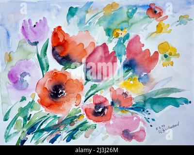 Watercolor by Waltraud Zizelmann, Colorful spring bouquet Stock Photo