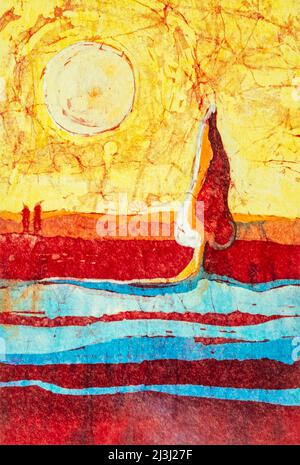 Batika watercolor on Japanese paper by Regine Martin sun, landscape, tree, sunshine Stock Photo