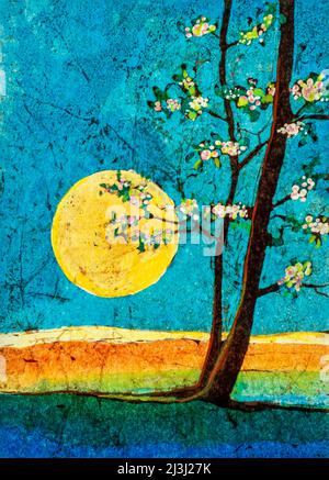 Batika watercolor on Japanese paper by Regine Martin sun, landscape, flowering tree, sunrise Stock Photo