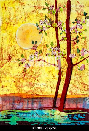 Batika watercolor on Japanese paper by Regine Martin sun, landscape, flowering tree, sunshine Stock Photo