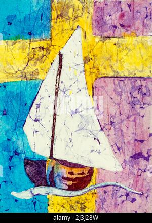 Batika watercolor on Japanese paper by Regine Martin Sailing ship, bright yellow cross, symbolic image for the song: A ship that calls itself a church sails through the sea of time The destination that shows it the direction is called God's eternity Stock Photo