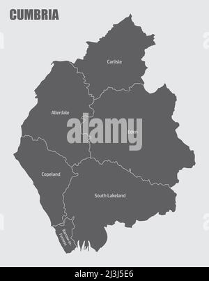 Cumbria county, administrative map with labels, England Stock Vector