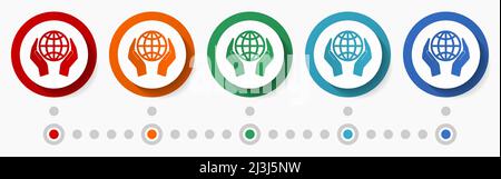 Globe, earth save concept vector icon set, flat design colorful buttons, infographic template in 5 color options Stock Vector