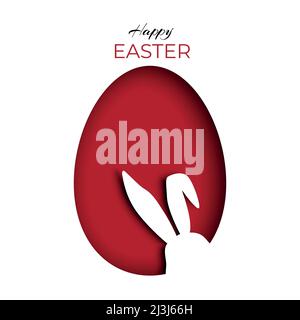 Silhouette of a bunny peeking inside a red Easter egg on carved or cut paper. Greeting card Stock Vector
